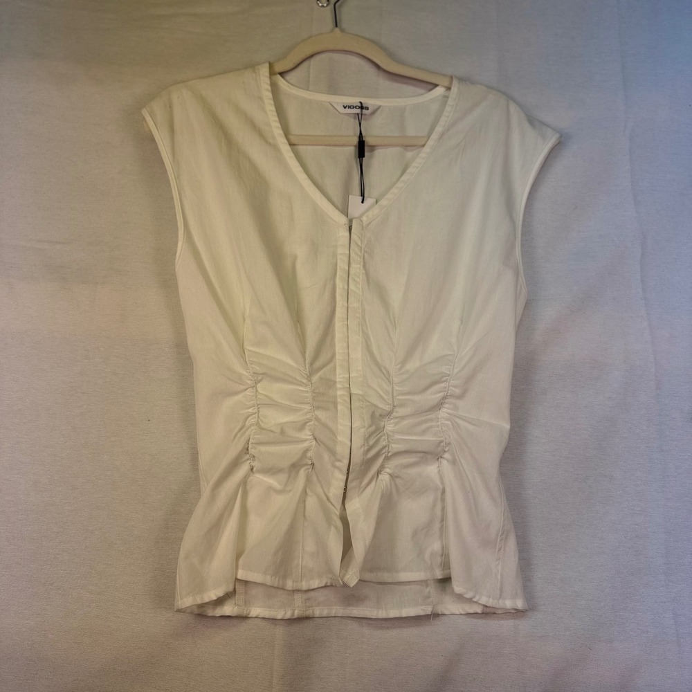 Vigoss Womens White Ruched Hook and Eye Sleeveless V-Neck Blouse Top Size M